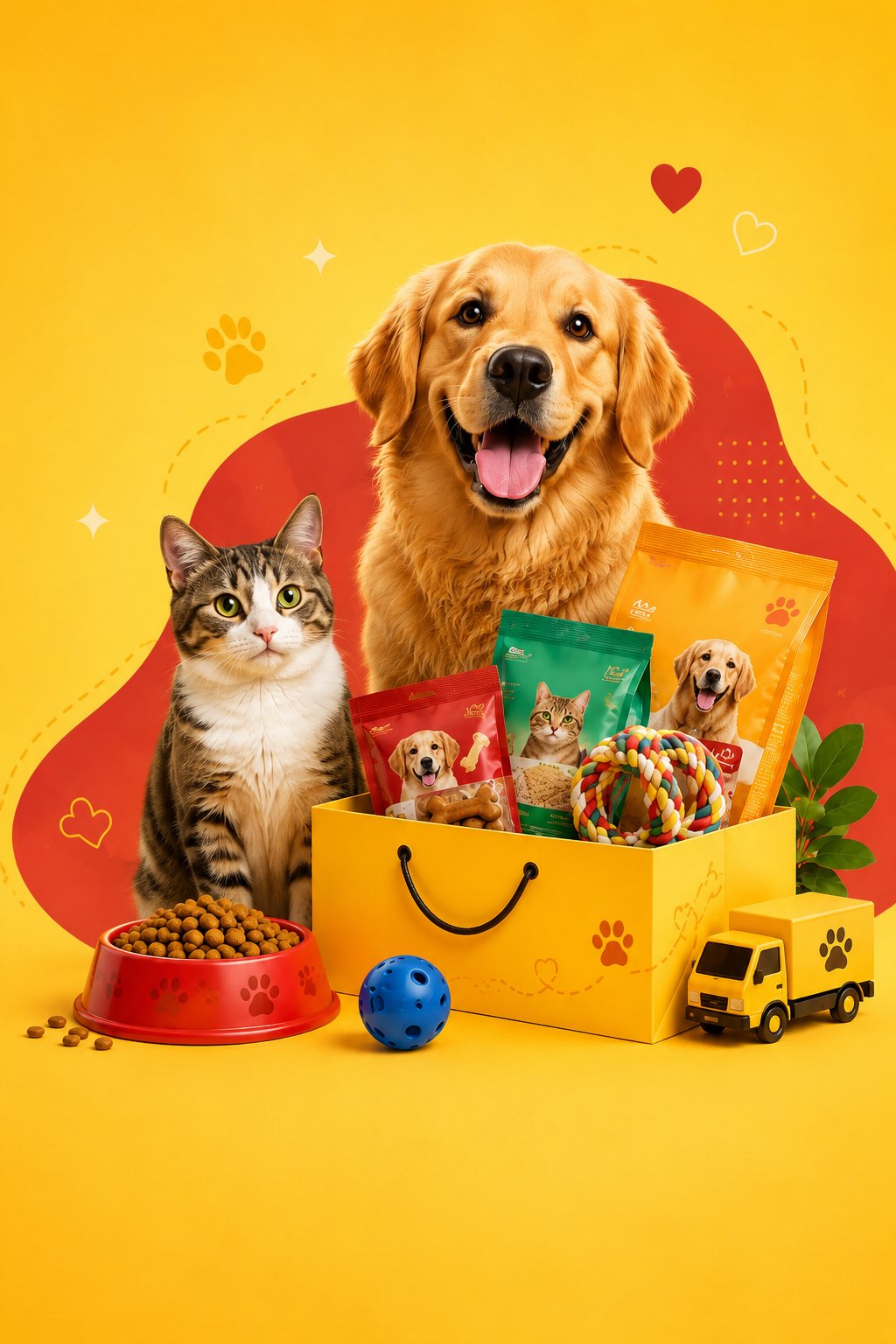 Cachorro e gato acompanhados de produtos para pets e uma caixa de entrega.