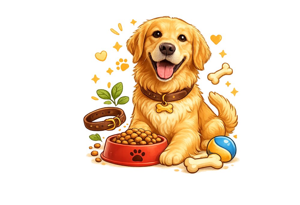 Cachorro ao lado de ração, brinquedo, coleira e ossos