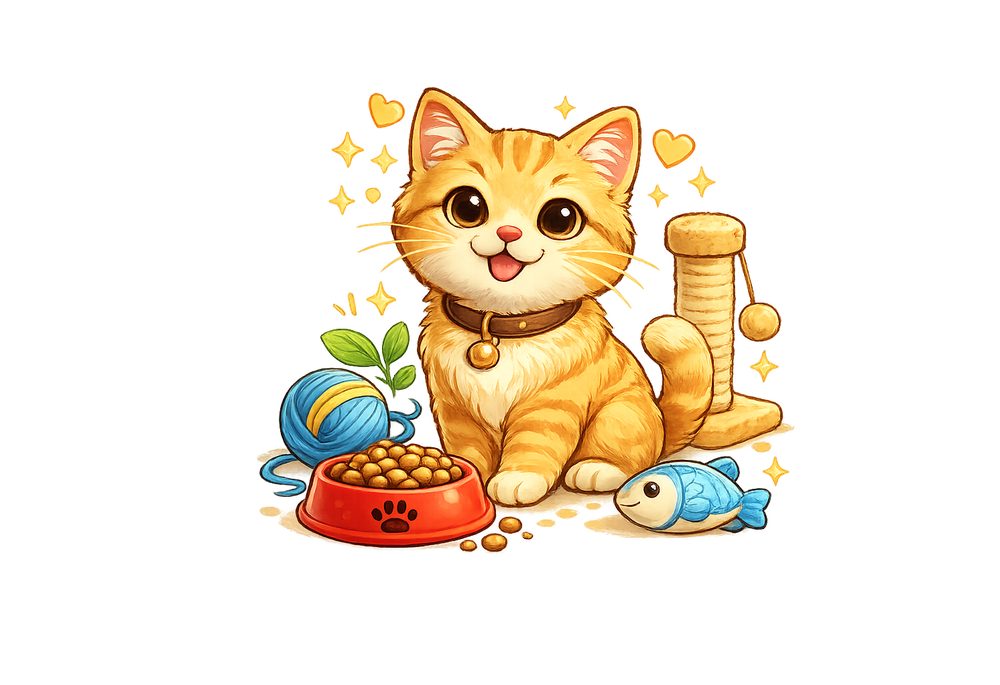 Gato ao lado de ração, brinquedo e arranhador